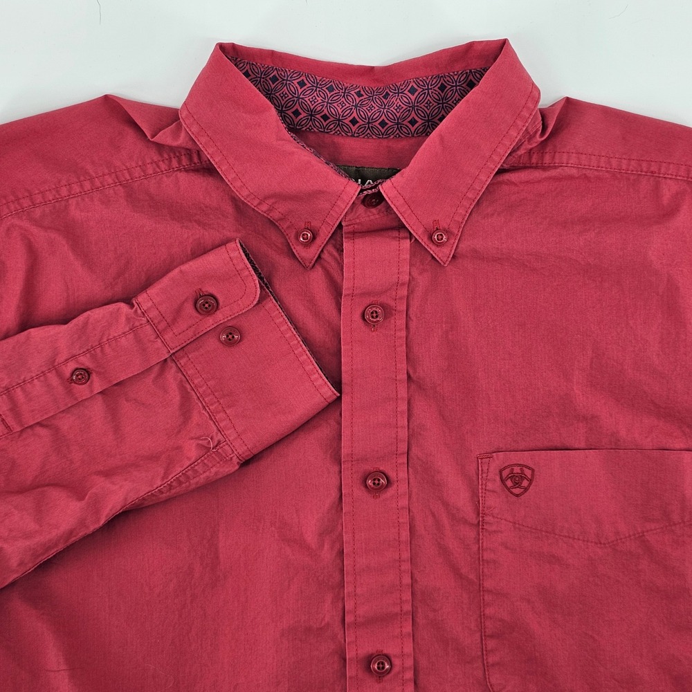 Ariat Button‎ Down Shirt Mens Large Red Solid Long Sleeve Cotton Western Pocket